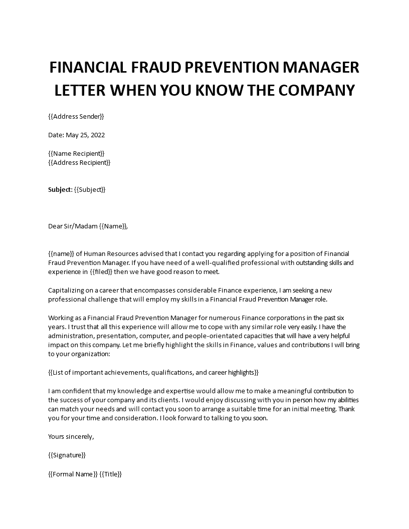 financial fraud prevention manager cover letter template