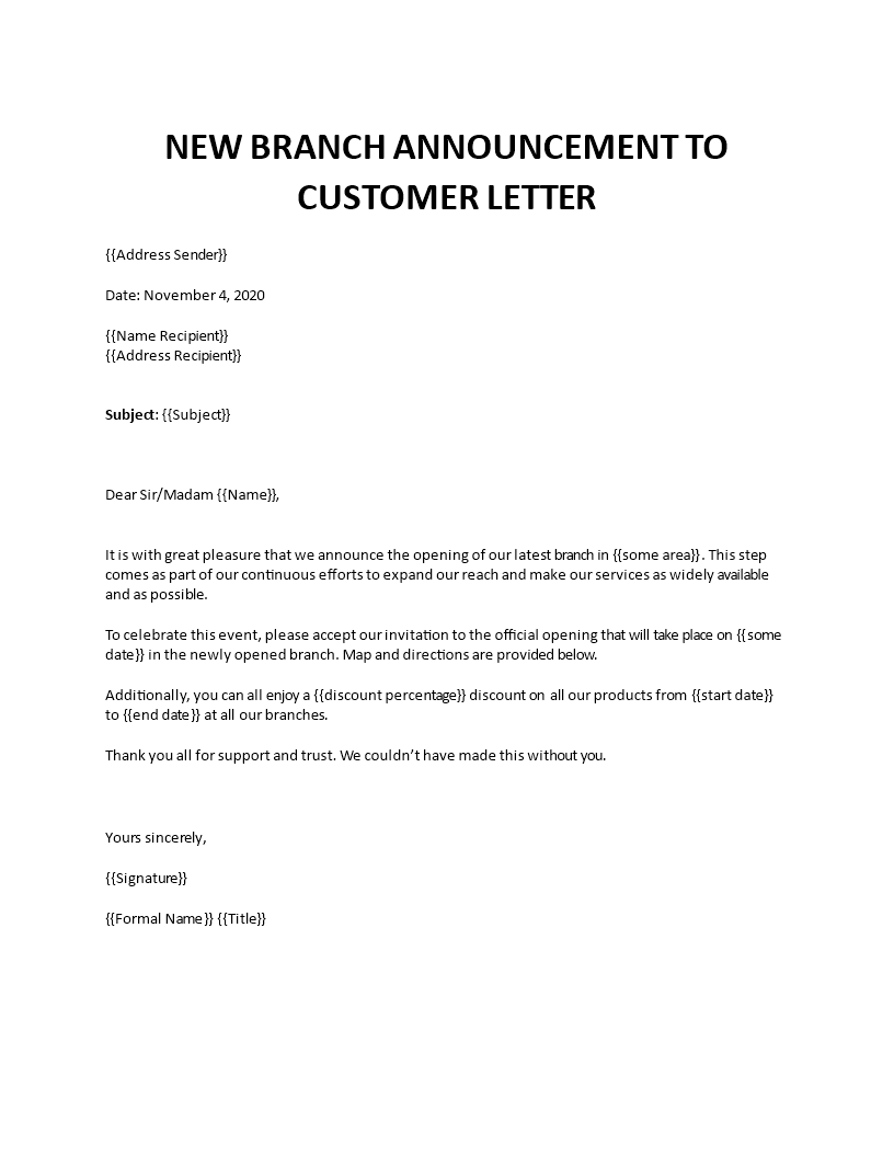new branch announcement to customers letter template