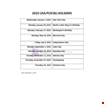 Postal holidays 2025 USA example document template 