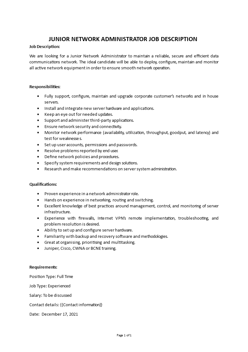 network administrator fresher job description