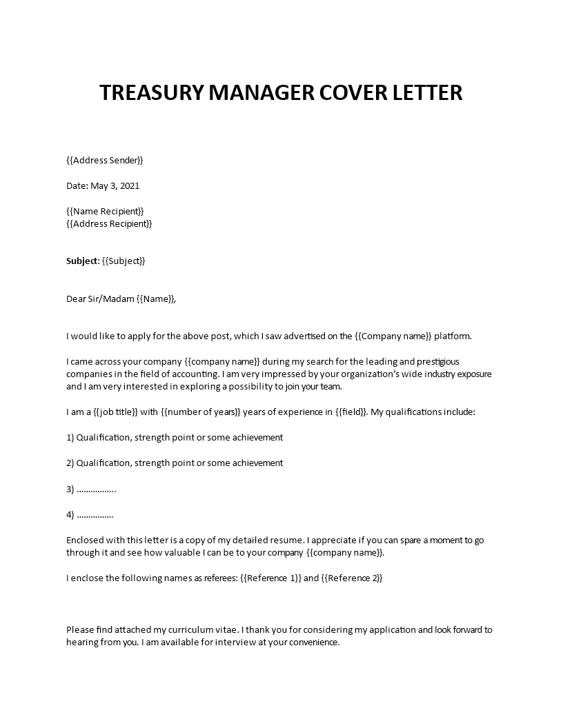 treasury manager cover letter