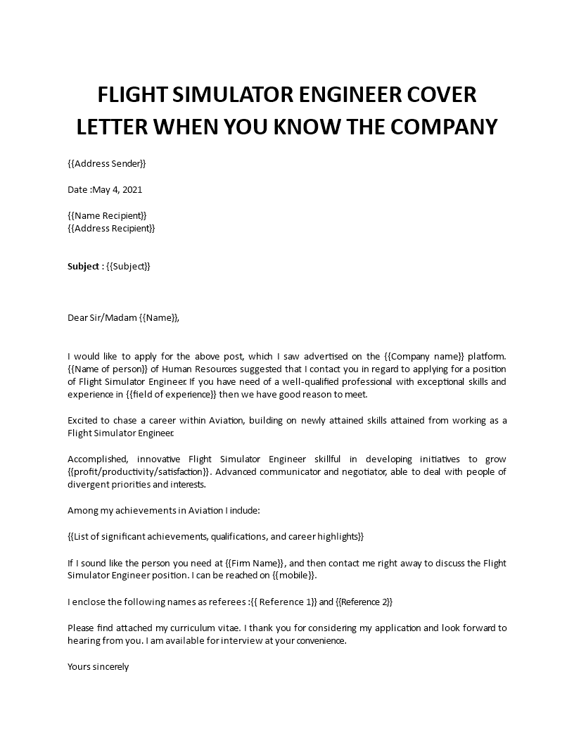 flight simulator engineer cover letter