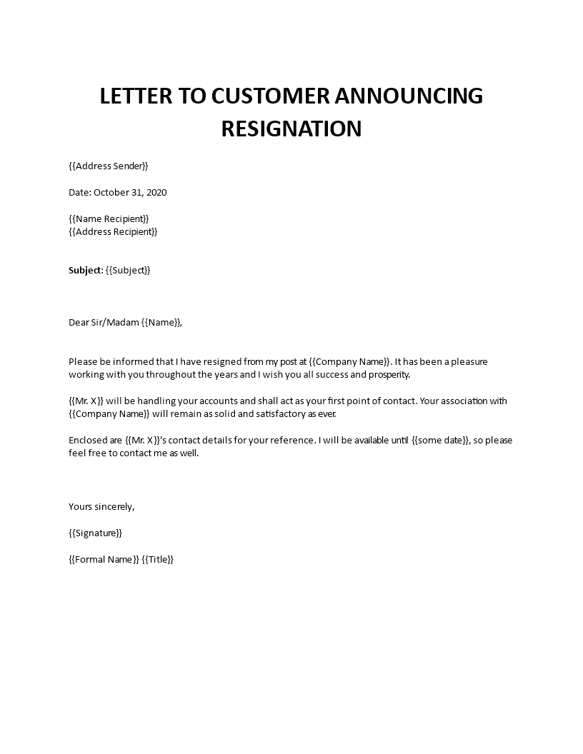 letter to customer announcing resignation
