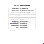 Postal holidays 2026 USA example document template