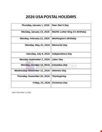 Postal holidays 2026 USA