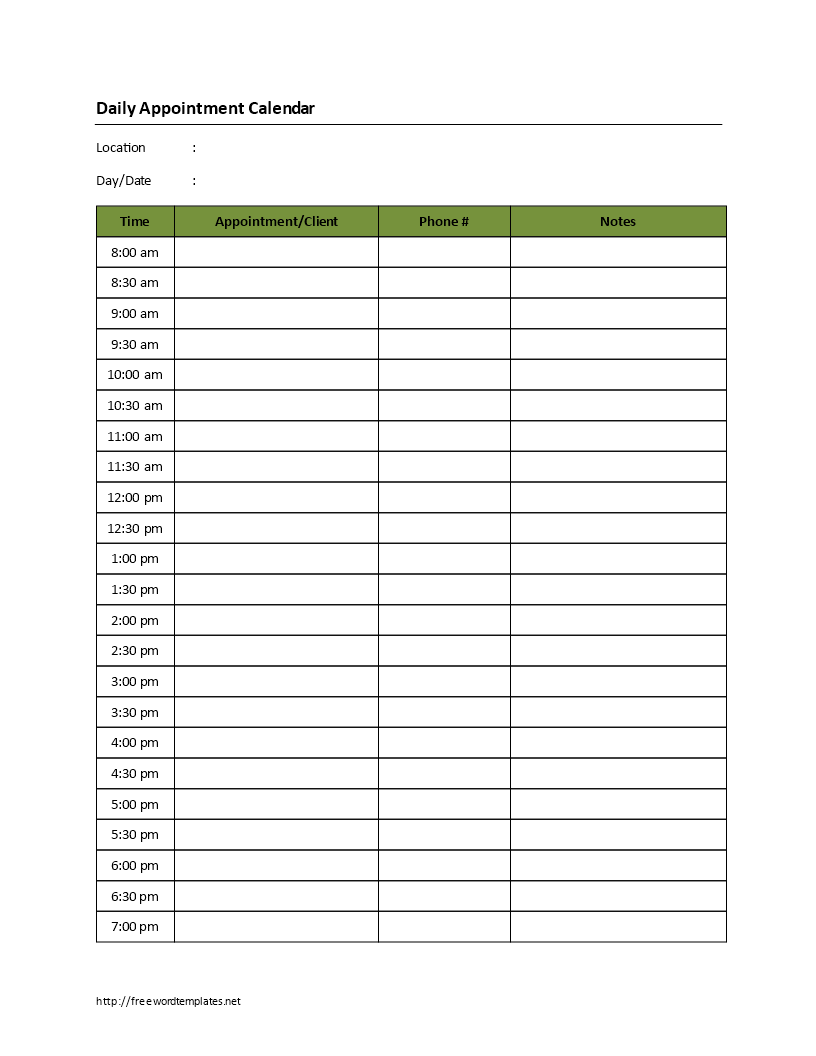 Printable Blank Daily Appointment Calendar