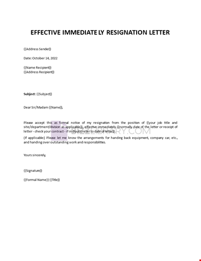 Resignation Letter Effective Immediately
