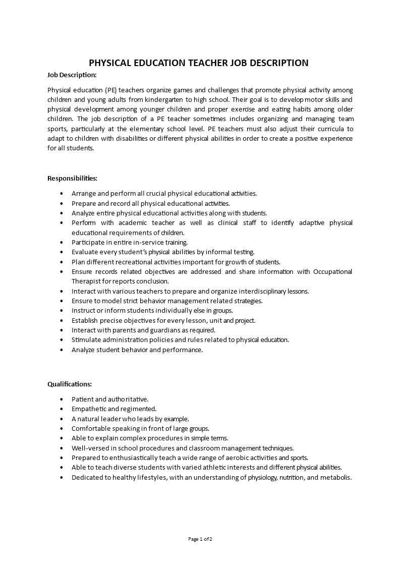 physical education job description