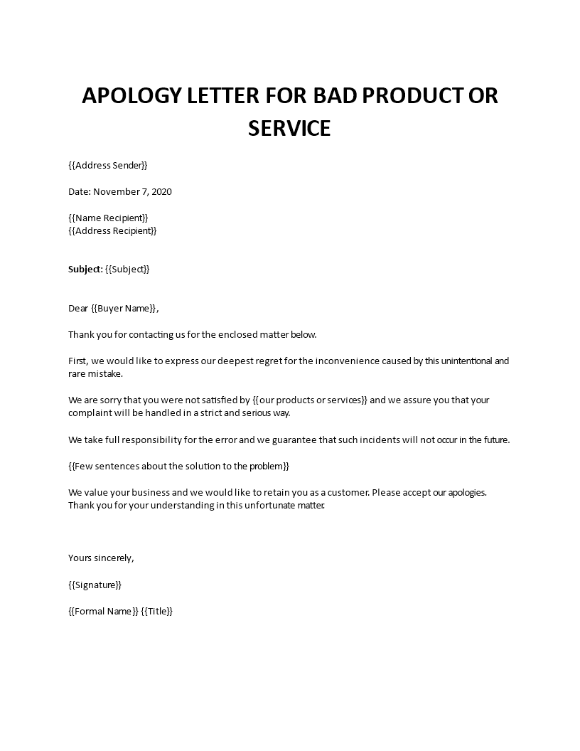 apology letter to customer for bad product or service