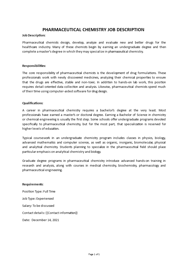 pharmaceutical chemistry job description Main Image pharmaceutical chemistry job description template
