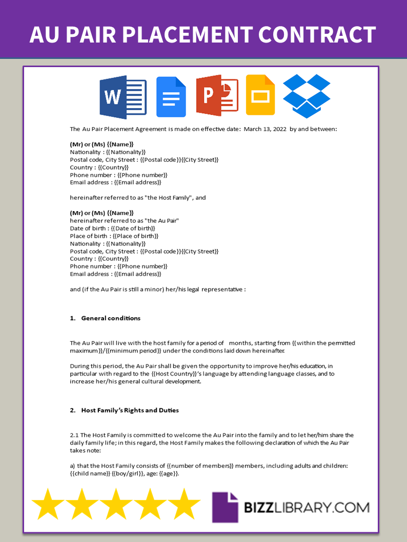 au pair placement contract template