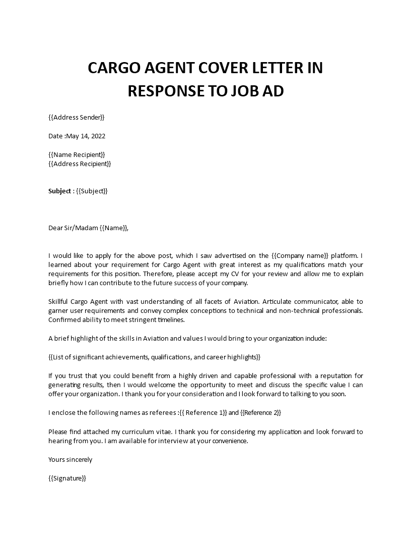 cargo agent cover letter