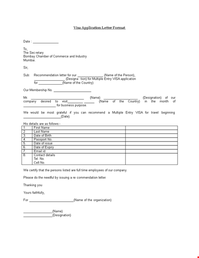 Visa Application Letter Format - Sample Letter for Visa Application