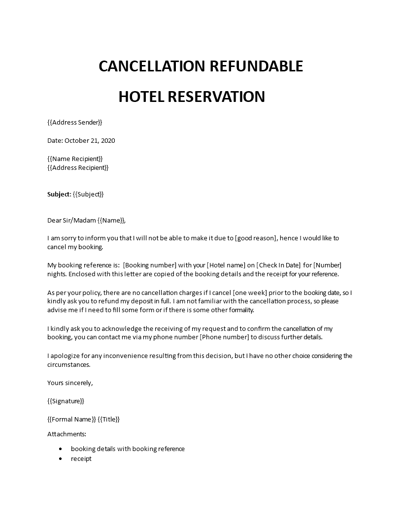 cancel hotel reservation template