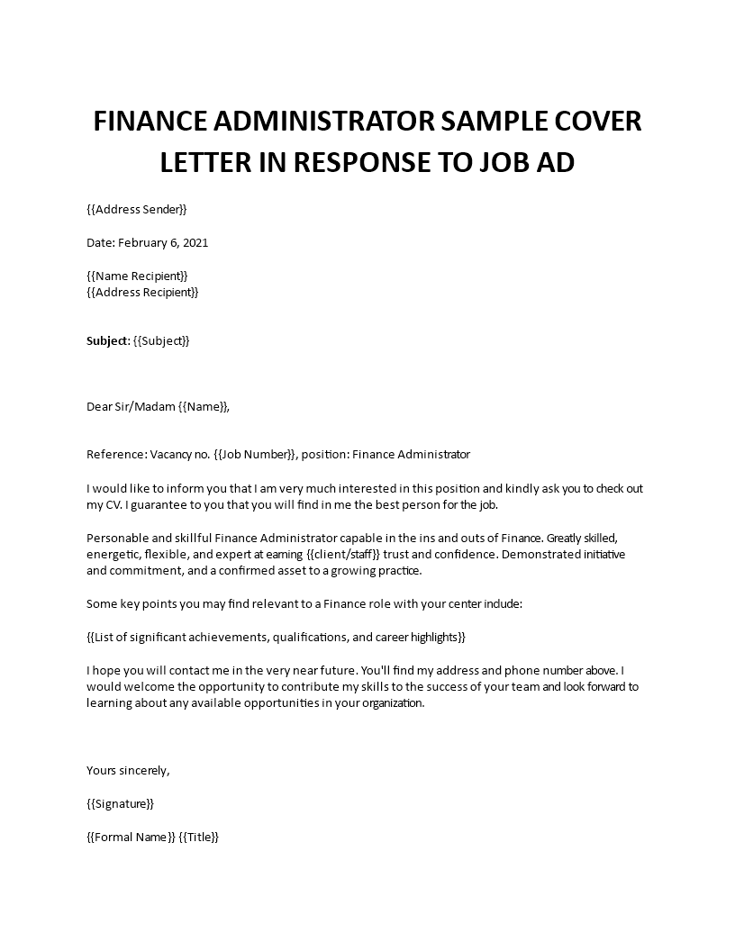 finance administrator cover letter