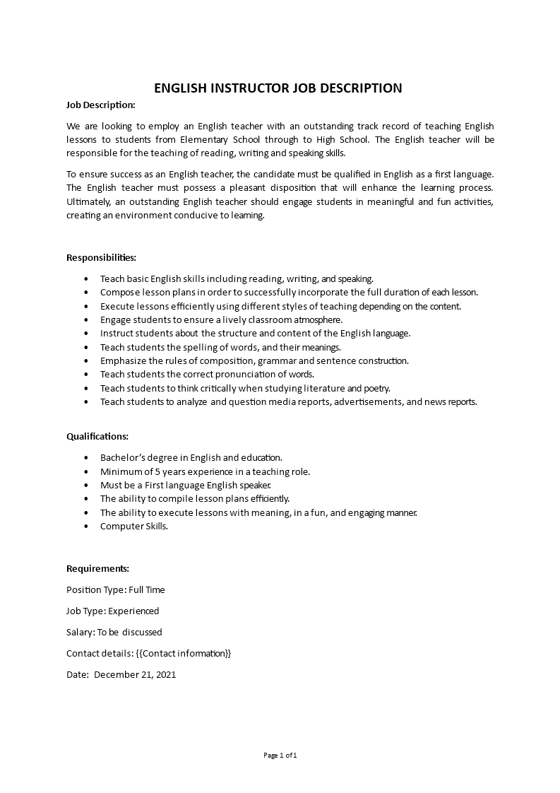 english instructor job description Main Image english instructor job description