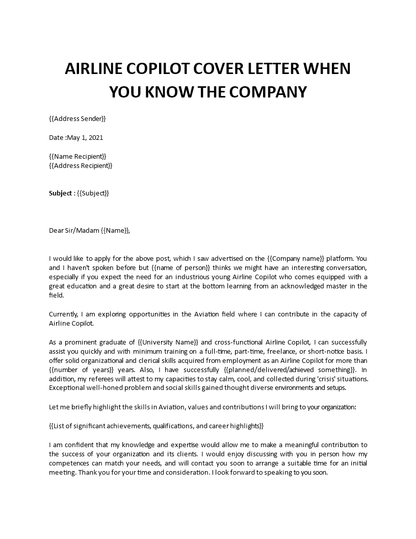 airline copilot cover letter template