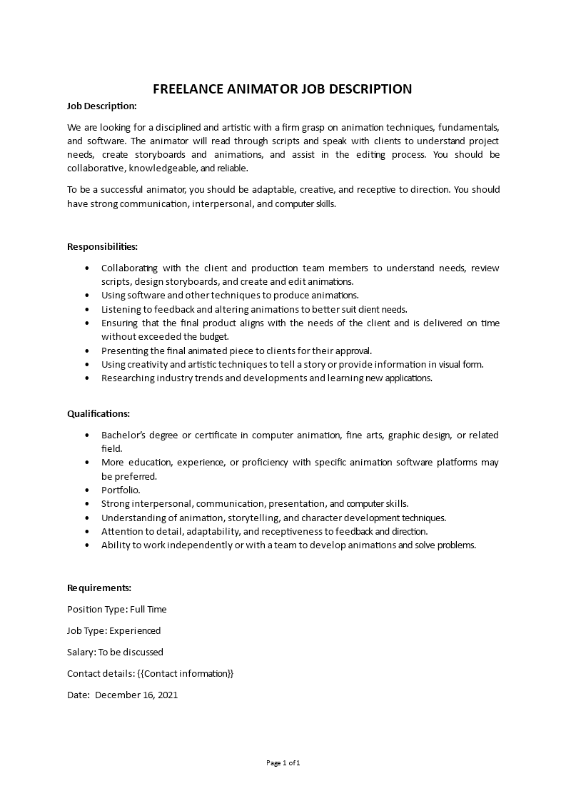 freelance animator job description Main Image freelance animator job description