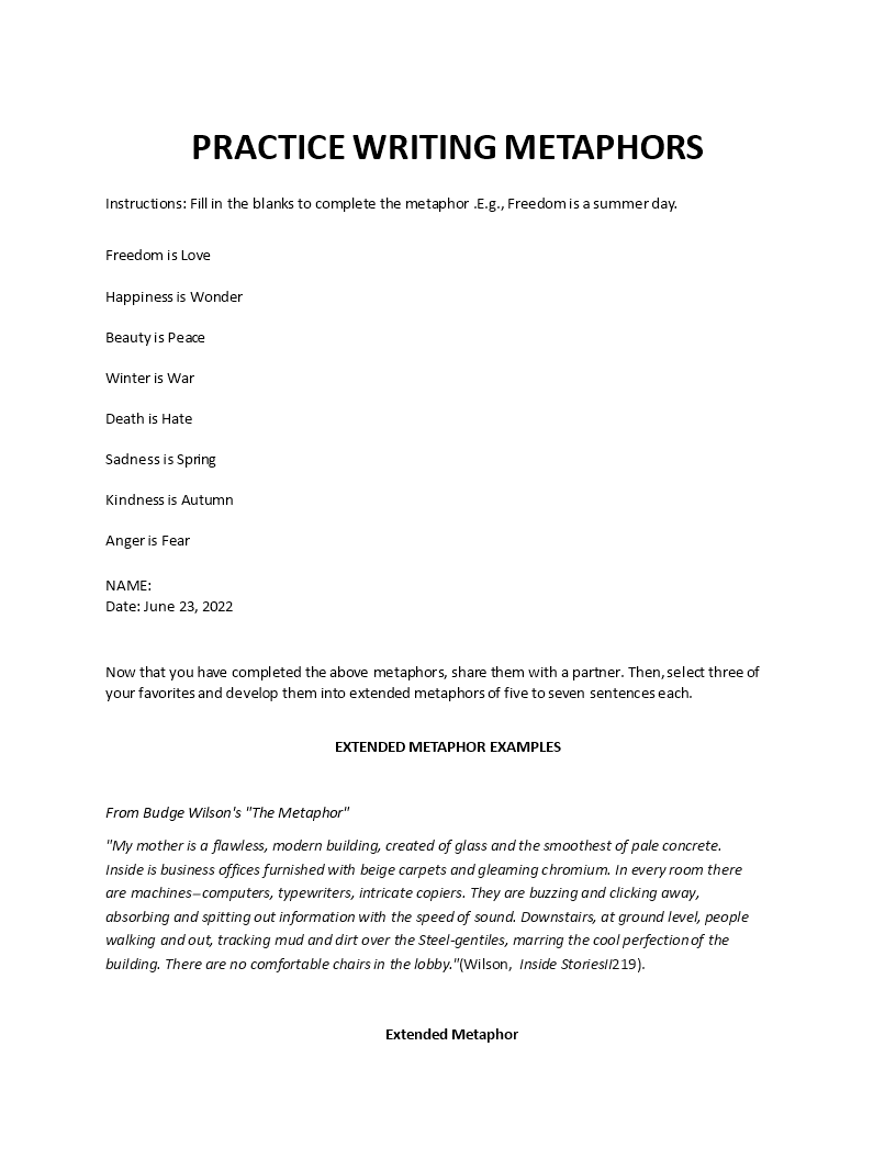 practice writing metaphors template