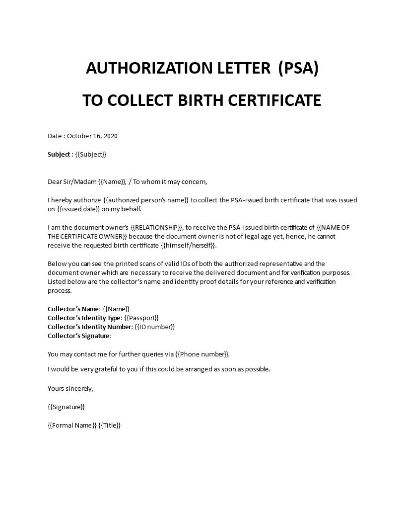 psa authorization letter template