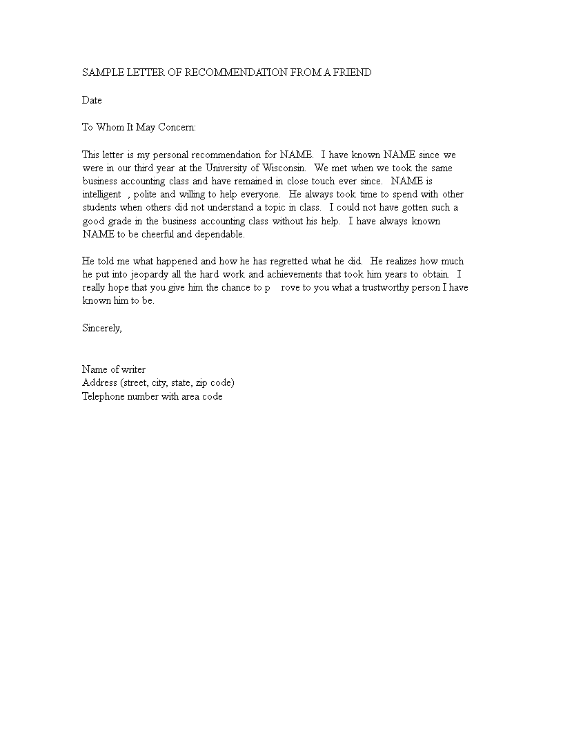 College Recommendation Letter From a Friend | Personalized Letter from