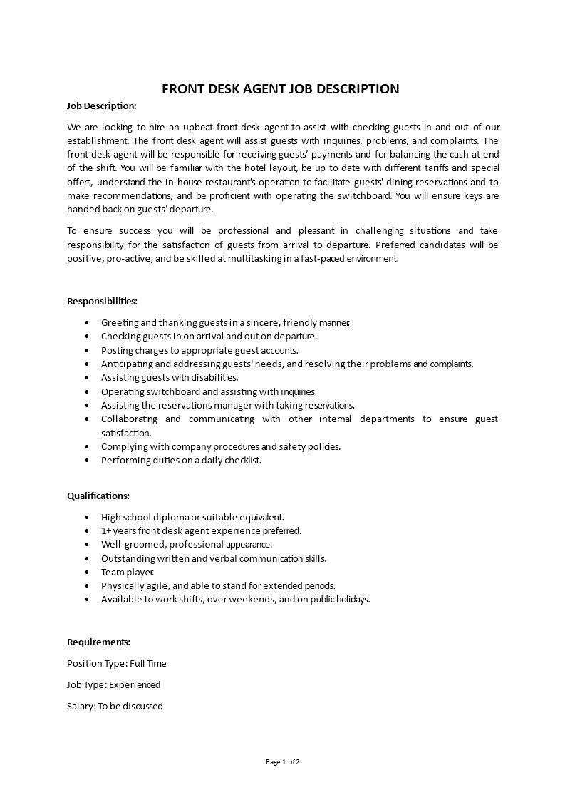 front desk agent job description