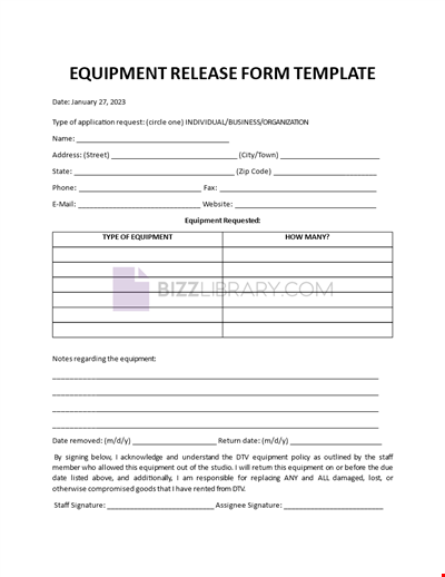 Equipment Release Form Template