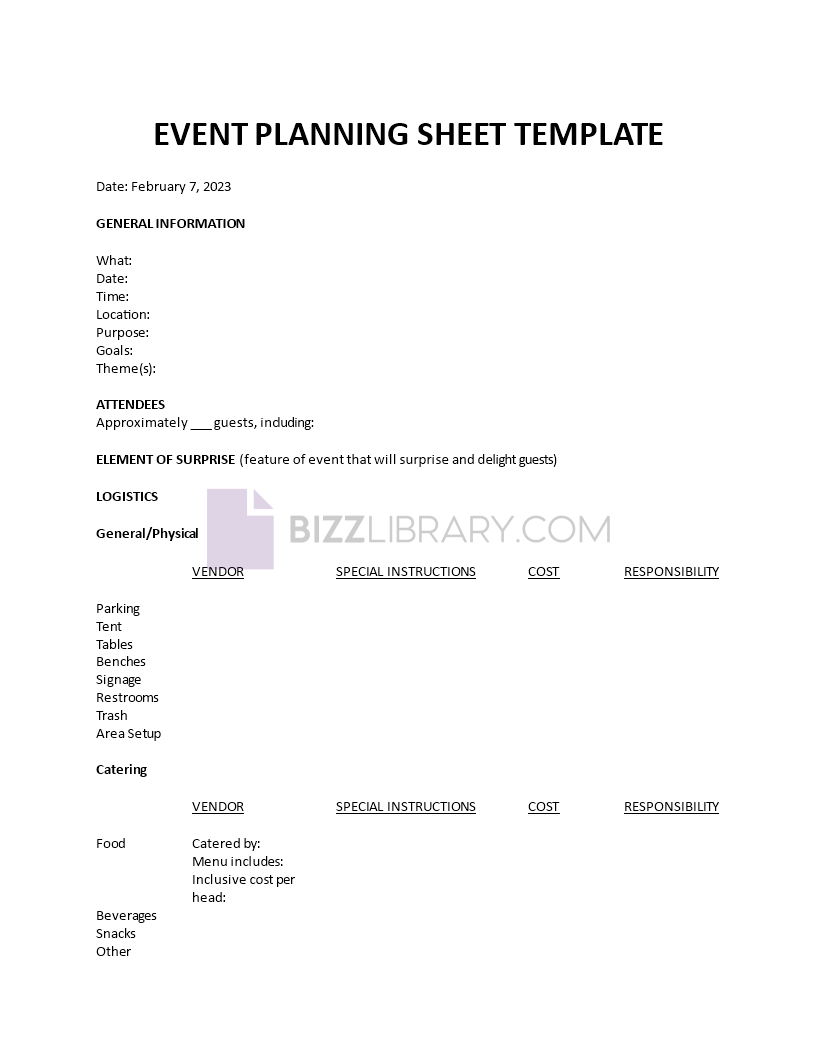 Event Planning Sheet Template