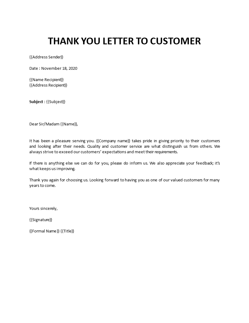 thank you letter to customer template