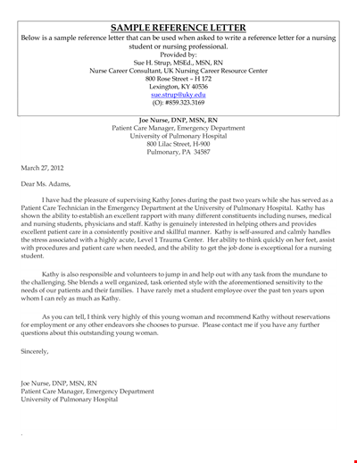 Nursing Reference Letter Form