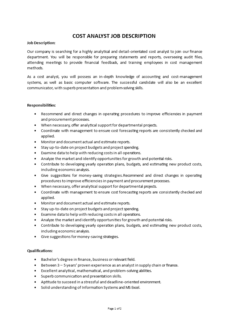 cost analyst job description Main Image cost analyst job description template