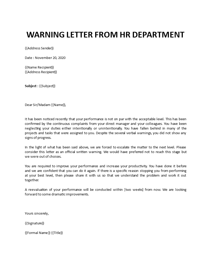 Warning letter to employee for poor performance