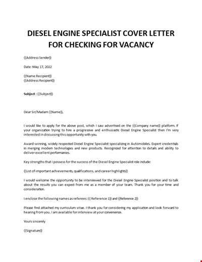 Diesel Engine Specialist Cover Letter