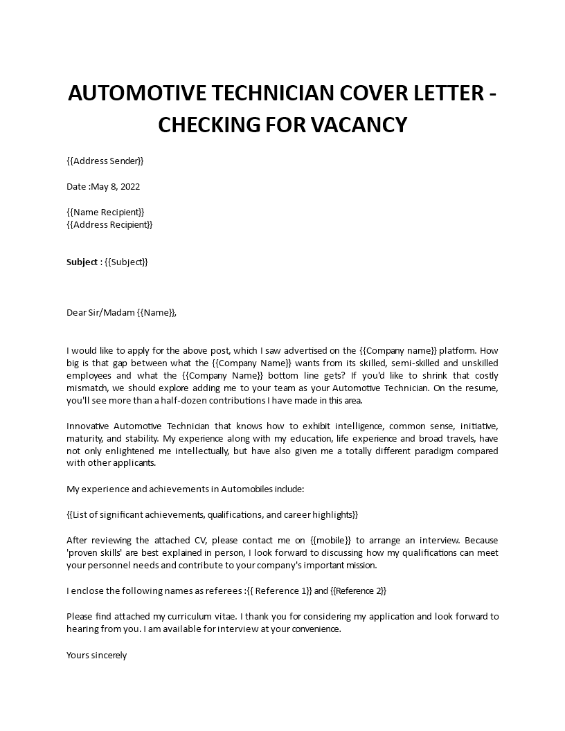 automotive technician cover letter