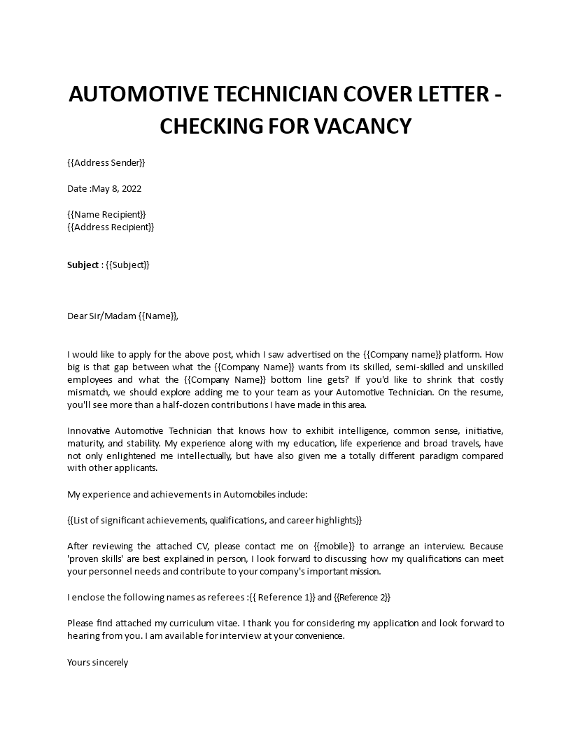 automotive technician cover letter Main Image automotive technician cover letter