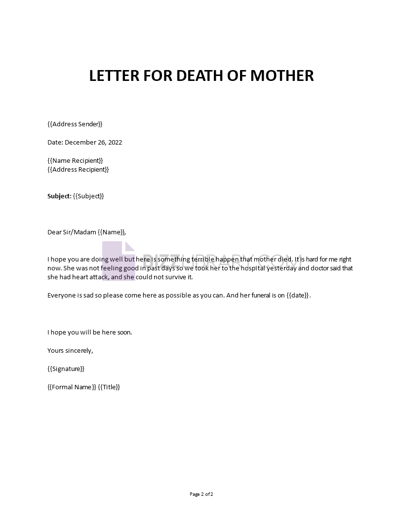 announcement of death of employee mother example