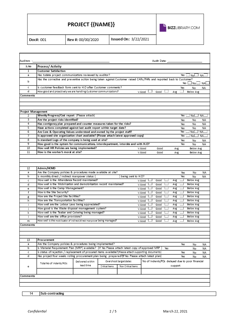project assessment audit checklist template