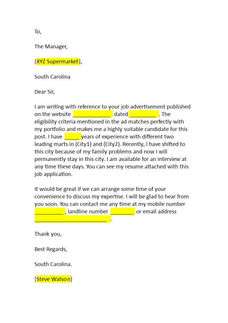 sample application letter for supermarket job