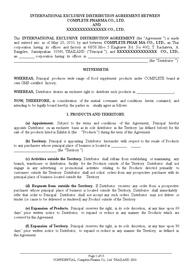 Principal Distributor Distribution Agreement Defined Terms, Rights