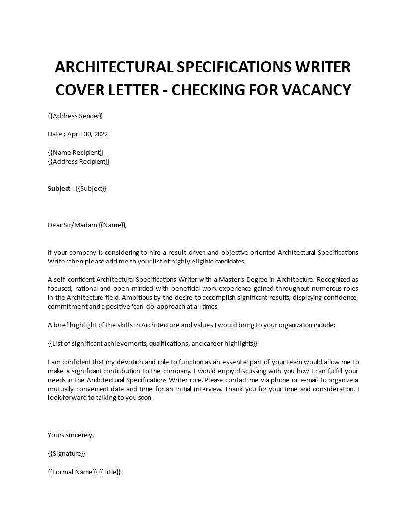 architectural specifications writer cover letter