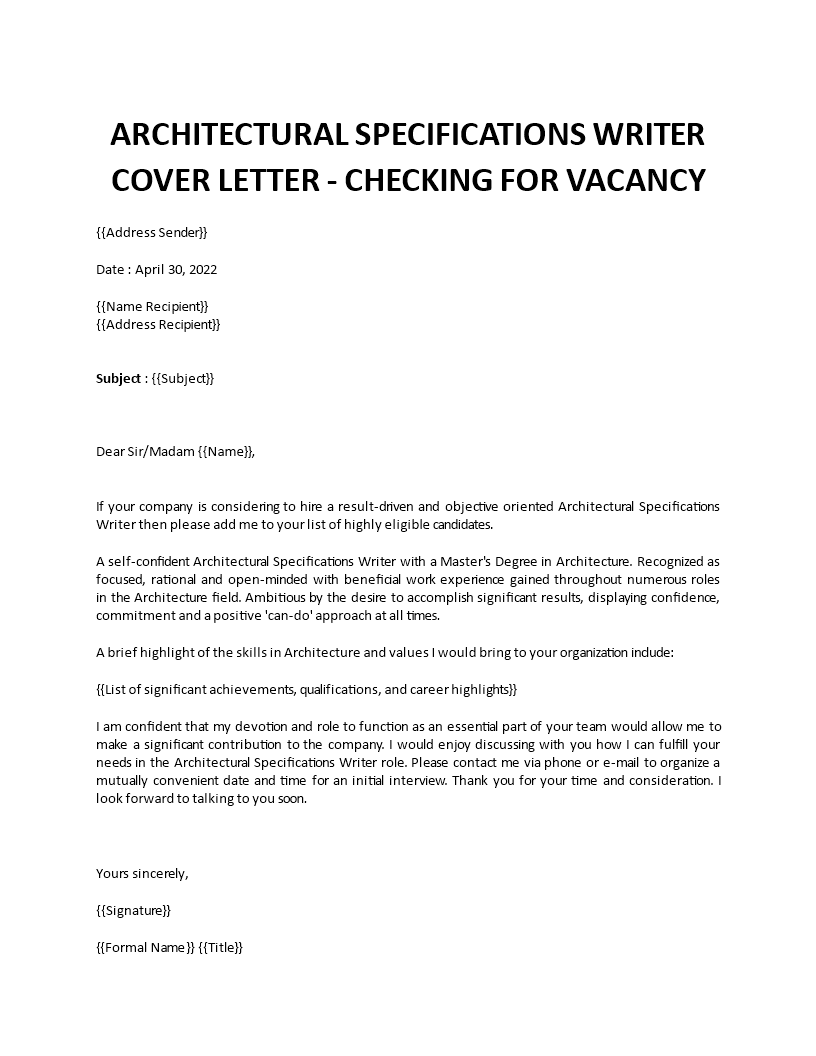 architectural specifications writer cover letter Main Image architectural specifications writer cover letter template