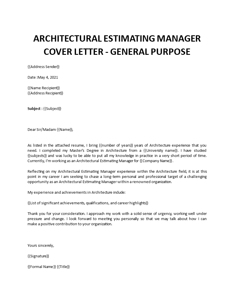 architectural estimating manager cover letter