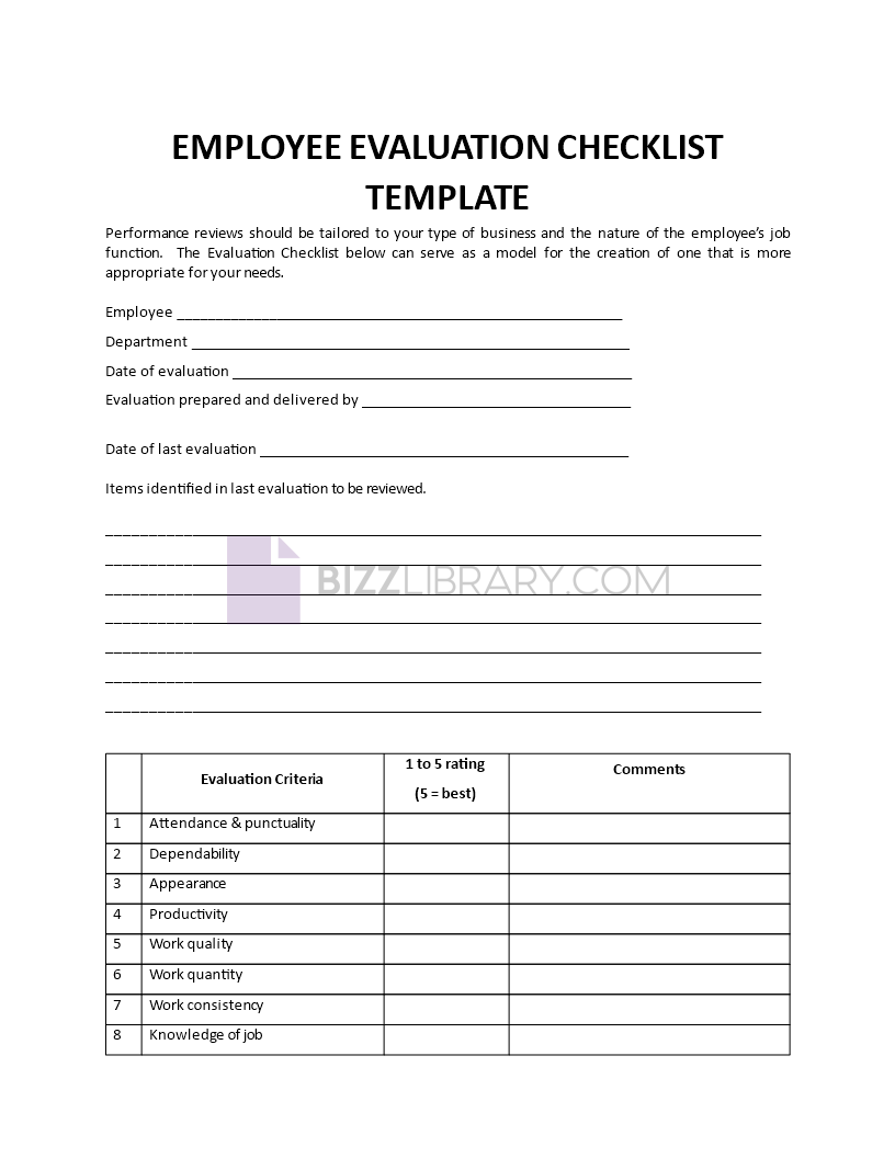 employee evaluation checklist template template