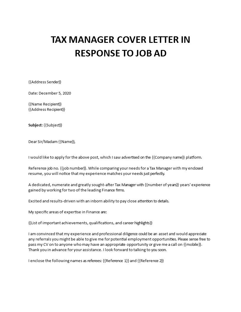 tax manager cover letter for job ad