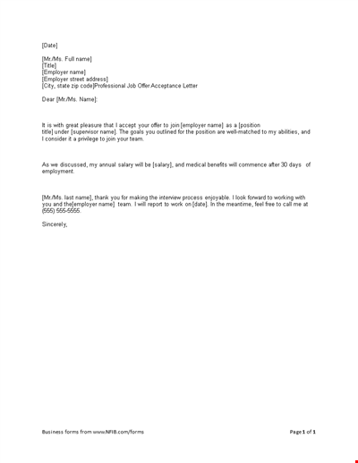 Professional Job Offer Acceptance Letter