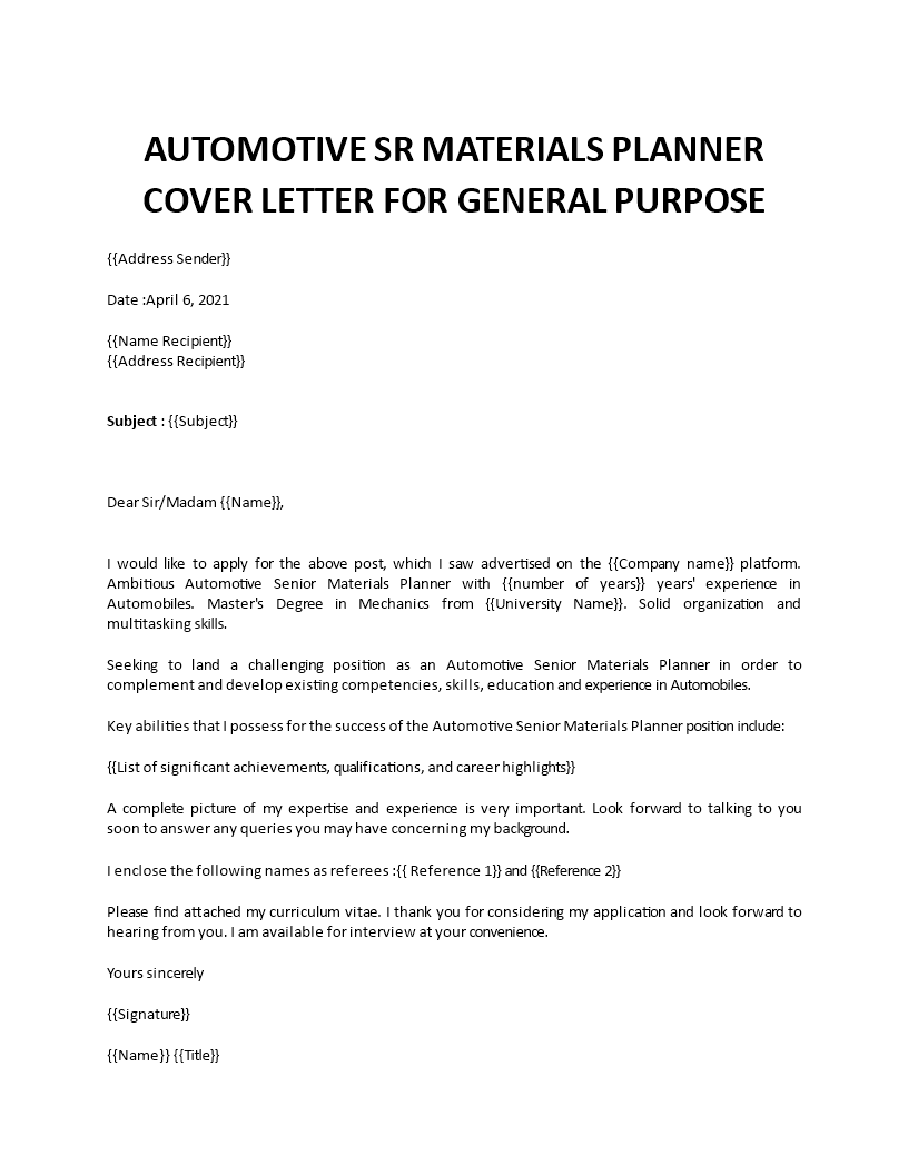 material planner cover letter 