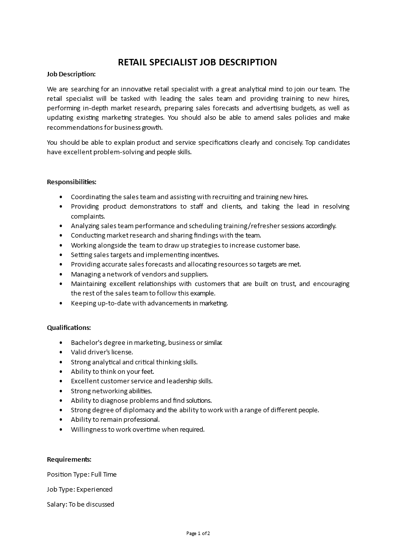 retail specialist job description Main Image retail specialist job description template