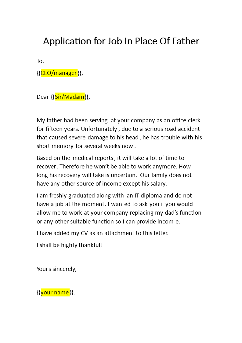 Application For Job In Place Of Father