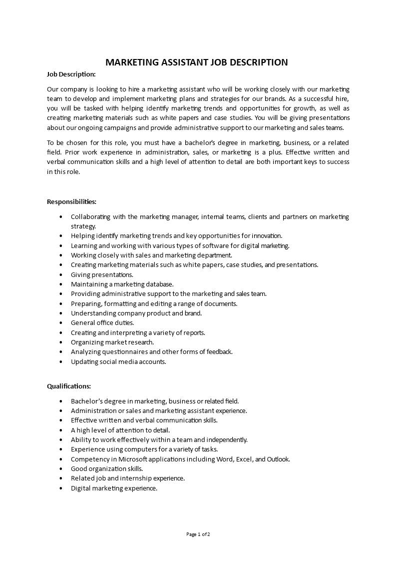 marketing assistant job description Main Image marketing assistant job description