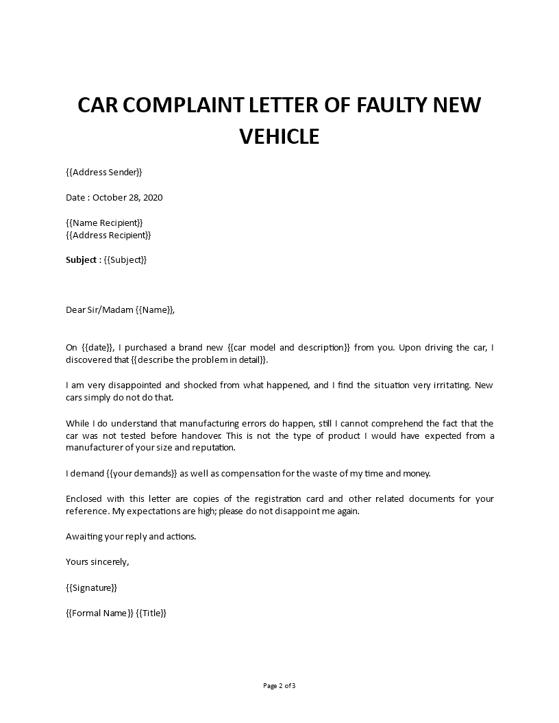 complaint letter template for faulty car template
